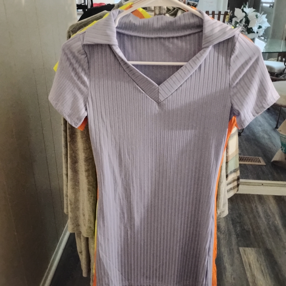 Purple Ribbed V-Neck Dress